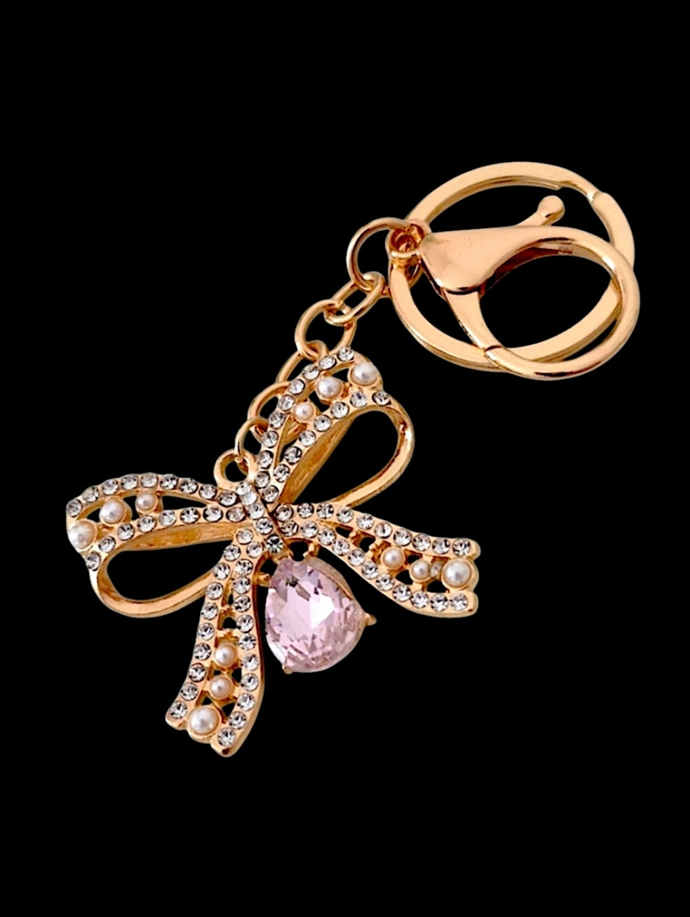 Gold Bow Bag Charm / Keychain with Pink Crystal Accent